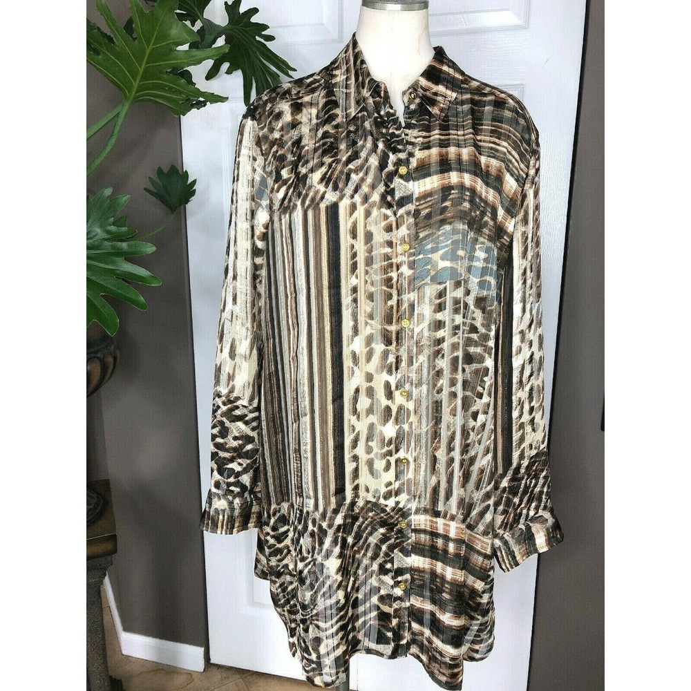Chicos Striped Animal Print Long Sleeve Tunic Top